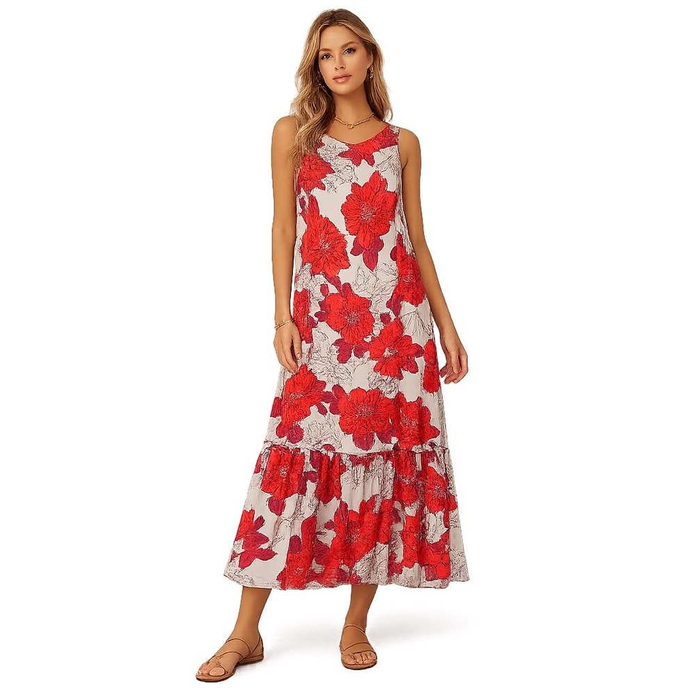 Monoplaza Floral Maxi Dress Women XS Red Cream Boho Chain Trim Tiered Sleeveless